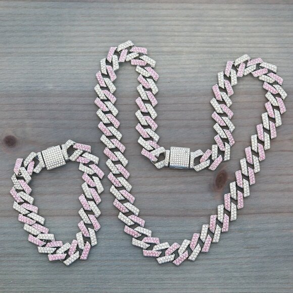 15mm Miami Cuban Ice Curb Diamond Chain Pink/Clear/Silver Plated Jewelry Set N+B - Picture 3 of 3